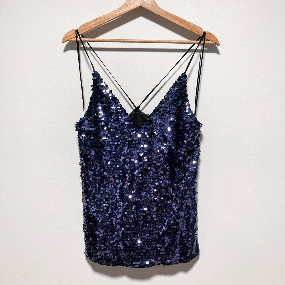Zara Navy Sequin Spaghetti Strap Tank Top